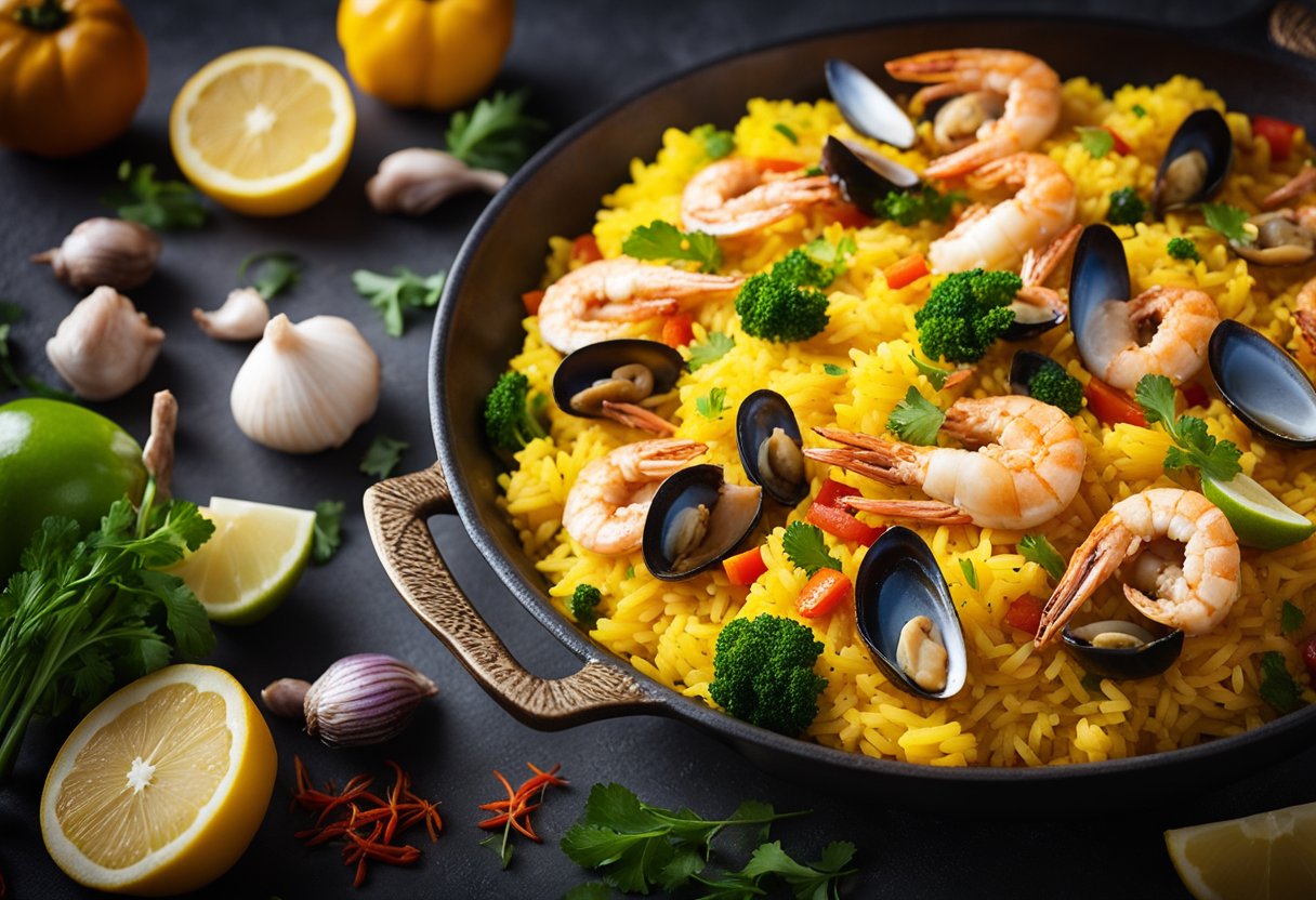 A large, sizzling paella pan filled with vibrant yellow saffron rice, assorted seafood, and colorful vegetables, surrounded by aromatic steam rising from the dish