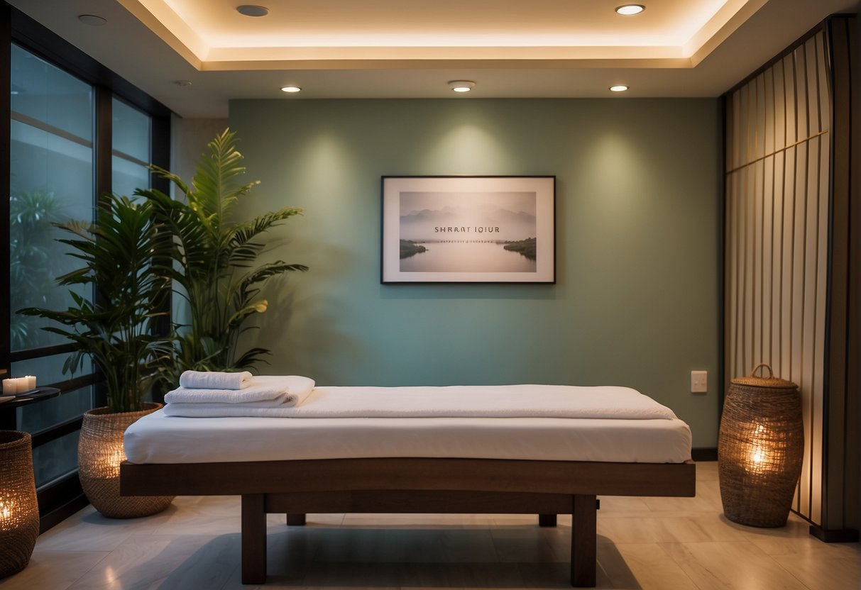 A serene spa room with a sign advertising massage promotions in Singapore, featuring calming decor and a comfortable massage table