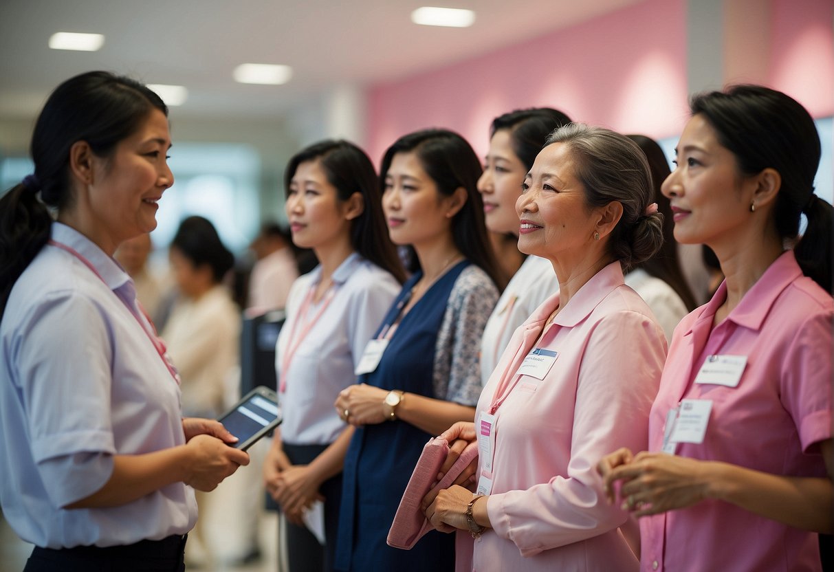 A line of women wait to register for a mammogram promotion in Singapore. A sign advertises eligibility requirements