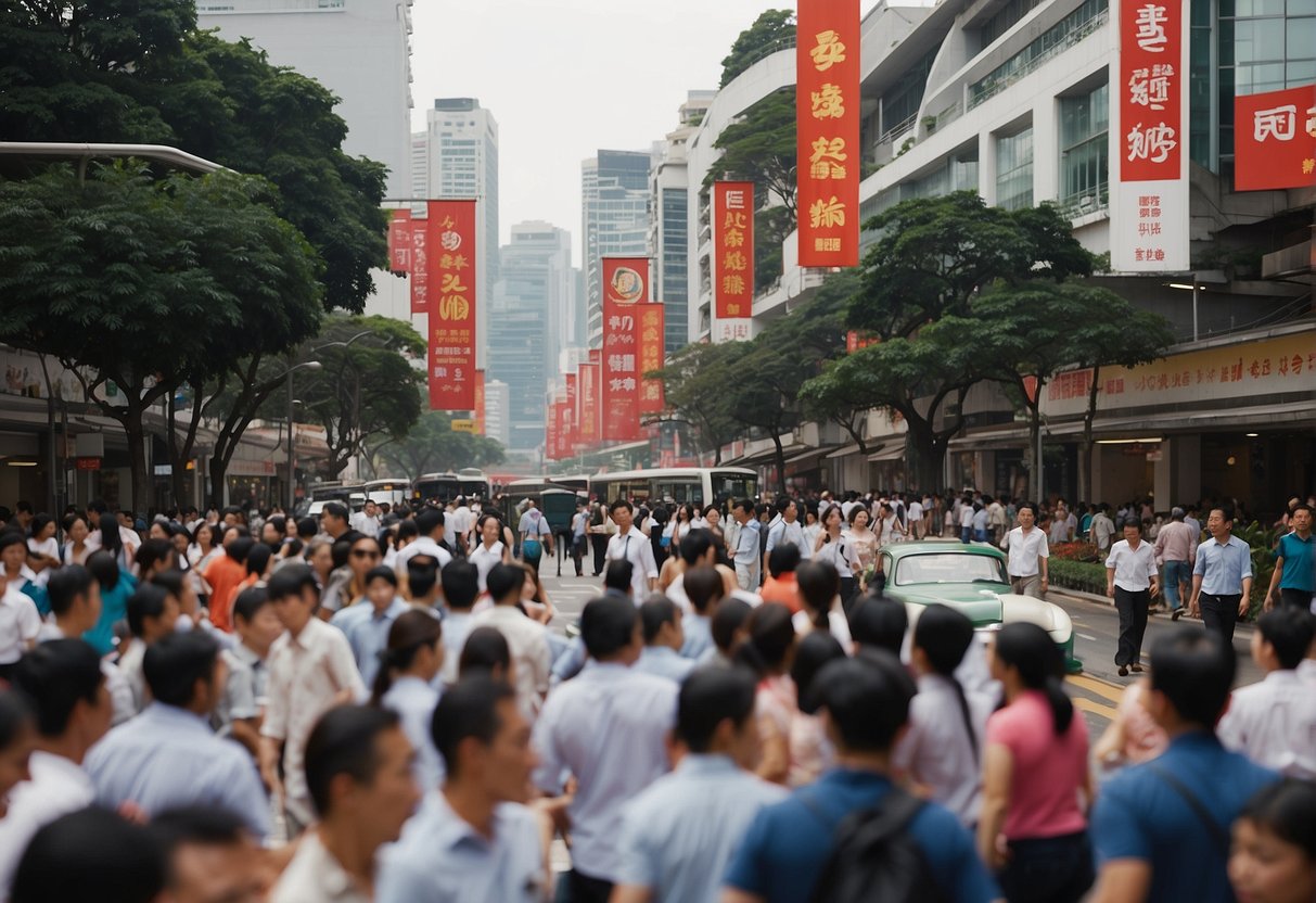 A bustling city street in Singapore with colorful banners and signs advertising "Mitsuba Promotions." Pedestrians and cars fill the scene