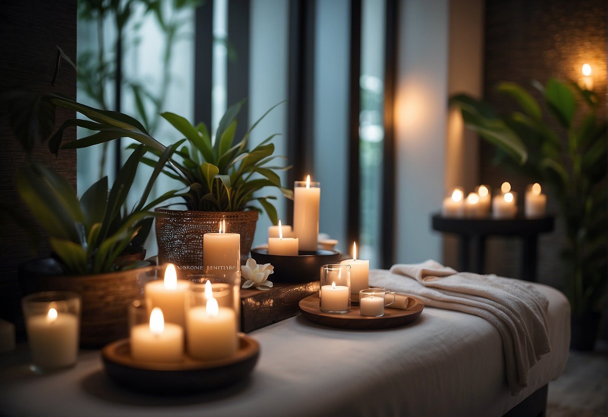 A serene spa room with soft lighting, plush massage tables, and soothing aromatherapy. A sign advertises exclusive 2024 massage promotions in Singapore