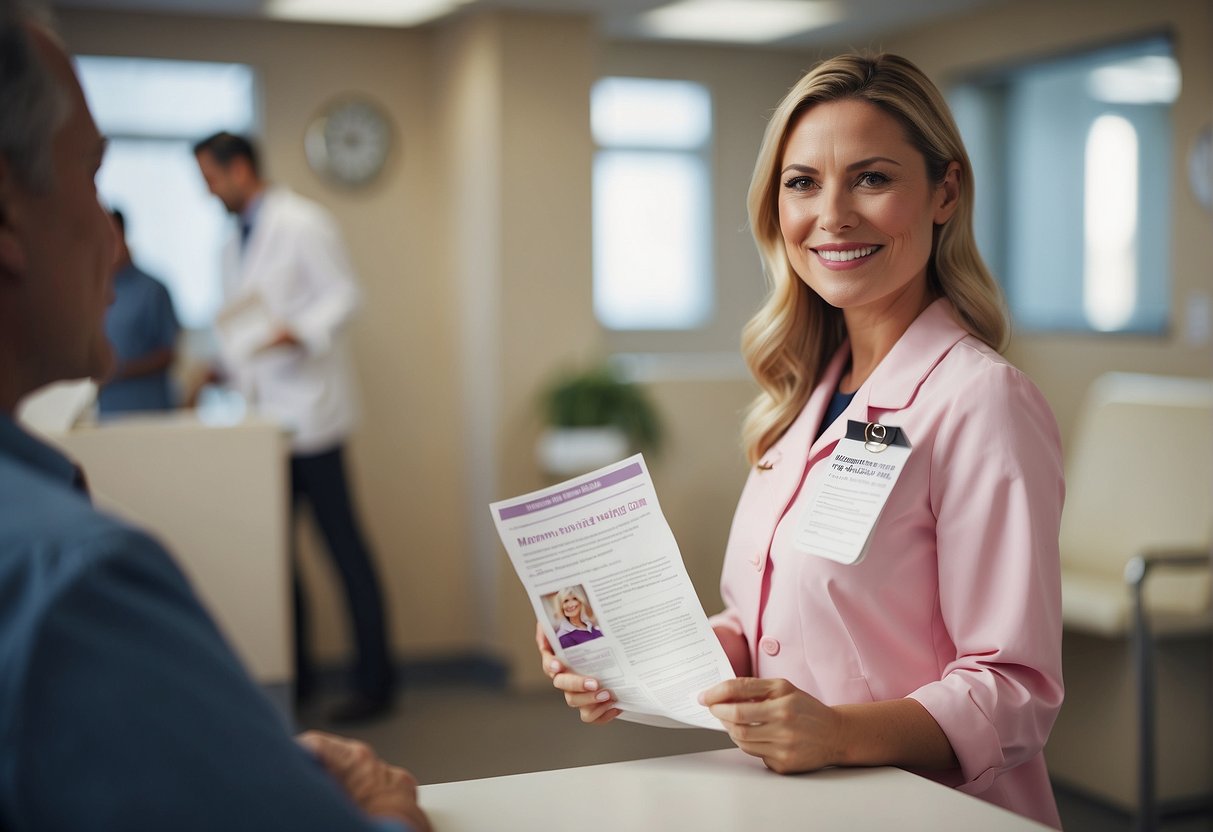 A smiling woman receiving a mammogram promotion flyer in a clinic waiting room