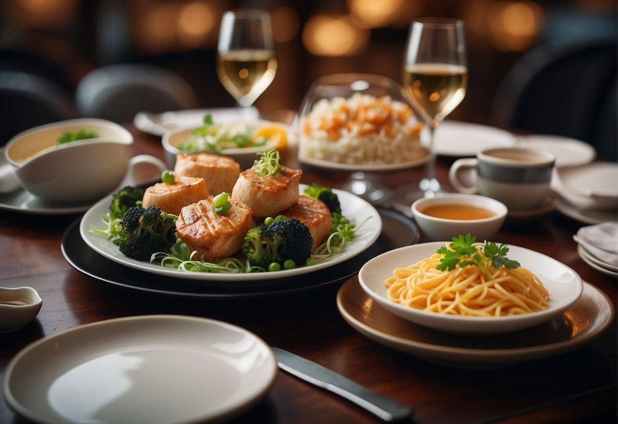 A table set with elegant dishes and a banner advertising exclusive dining promotions at Mitsuba in Singapore
