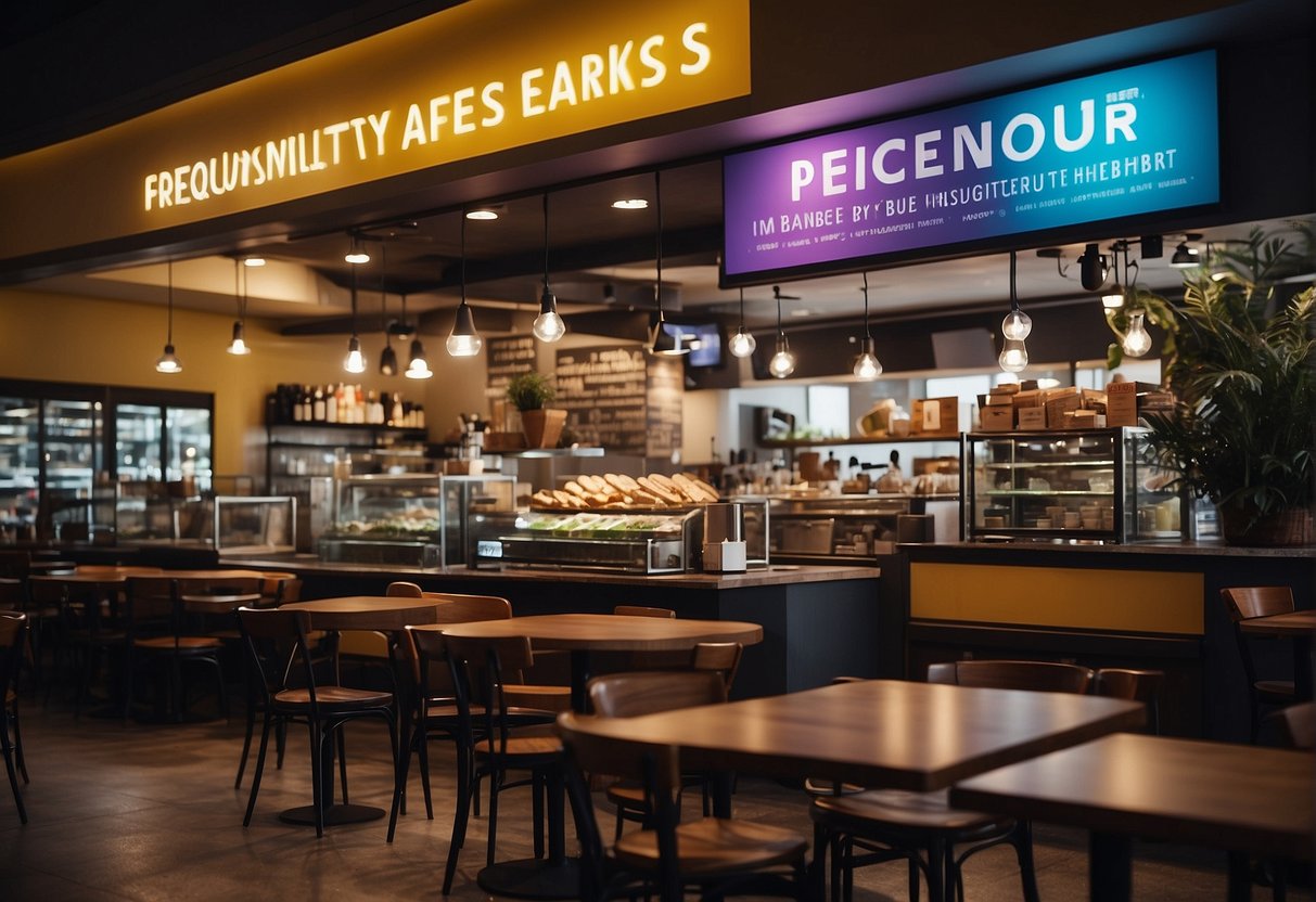 A bustling cafe with colorful promotional displays and a sign reading "Frequently Asked Questions" in Singapore