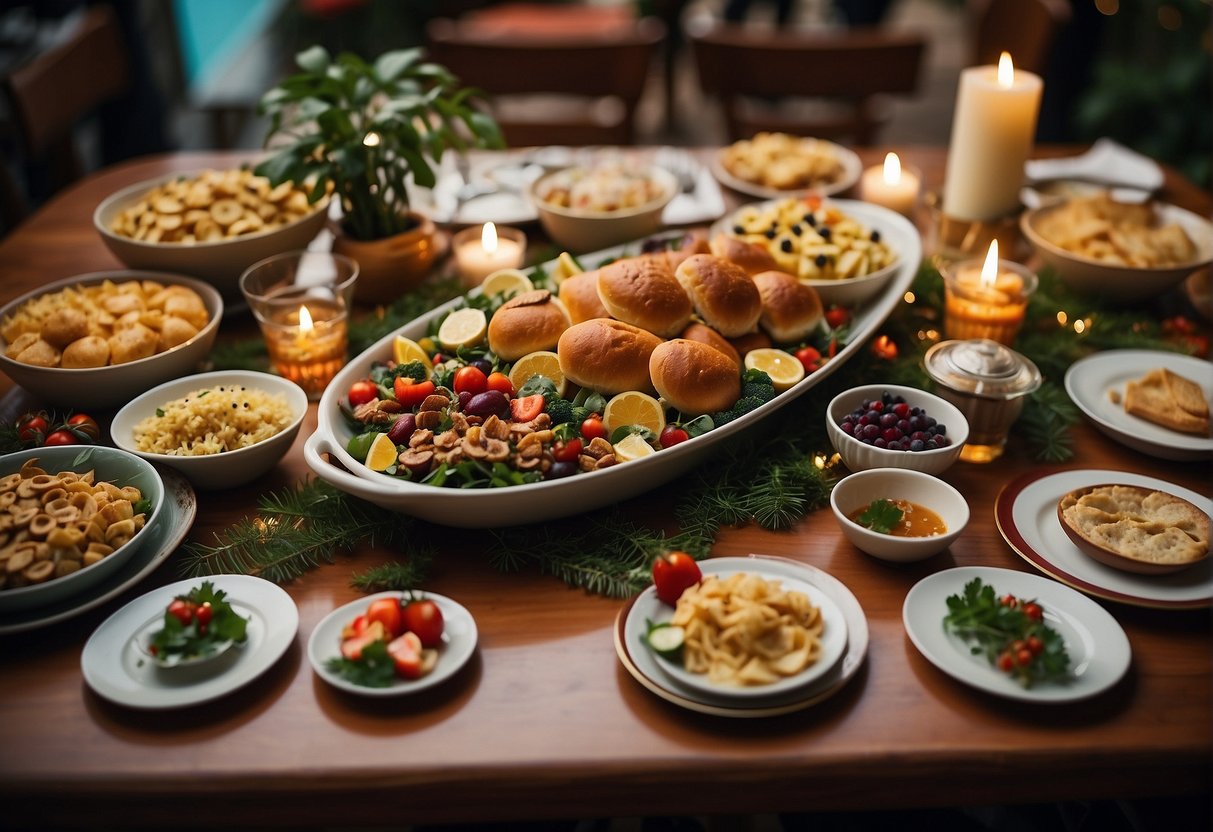 A festively decorated dining table with a spread of traditional Christmas dishes, surrounded by cheerful patrons enjoying special holiday promotions in Singapore