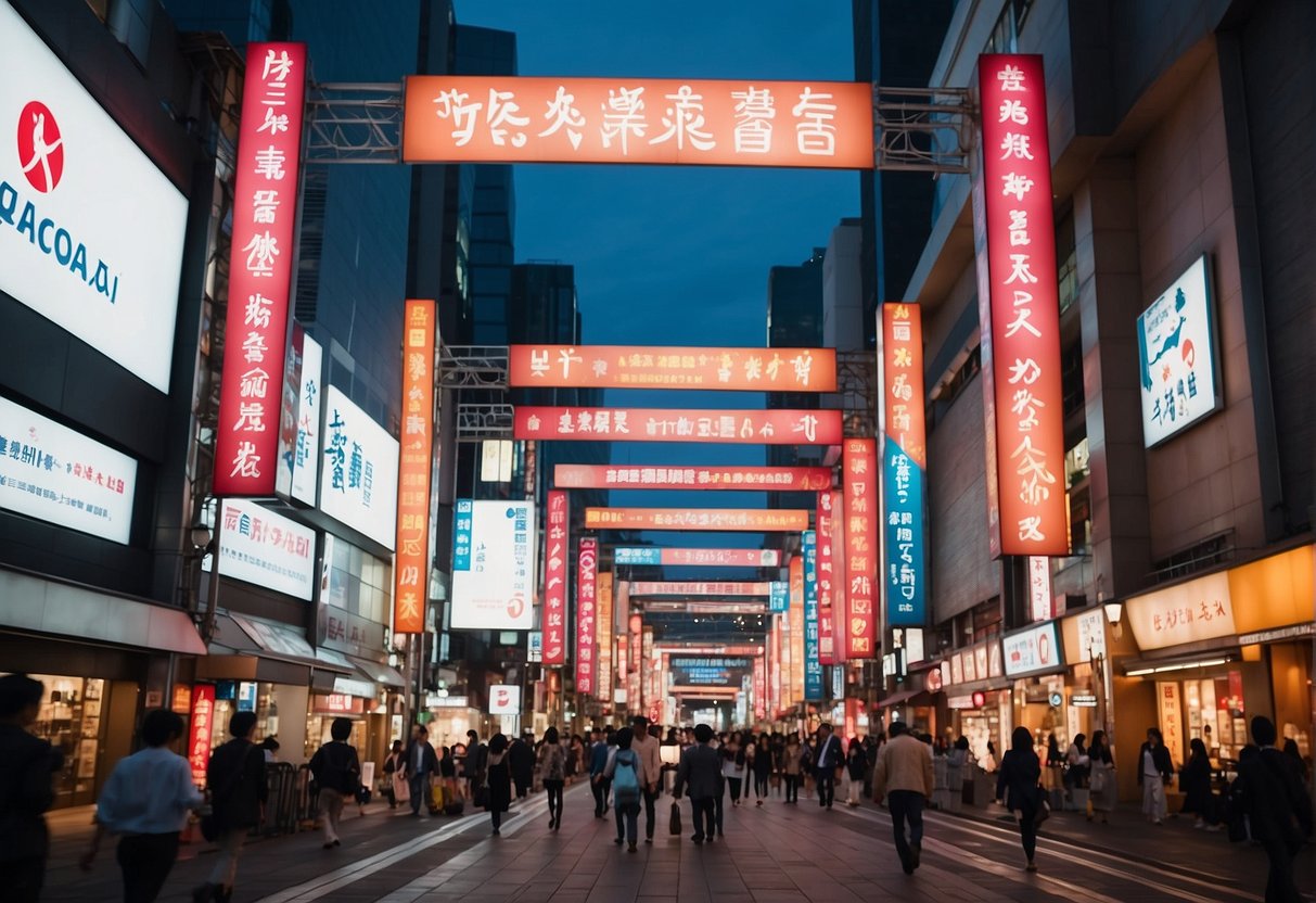 A bustling street in Yokohama, Japan, with colorful banners advertising travel promotions to Singapore. Bright lights and energetic atmosphere