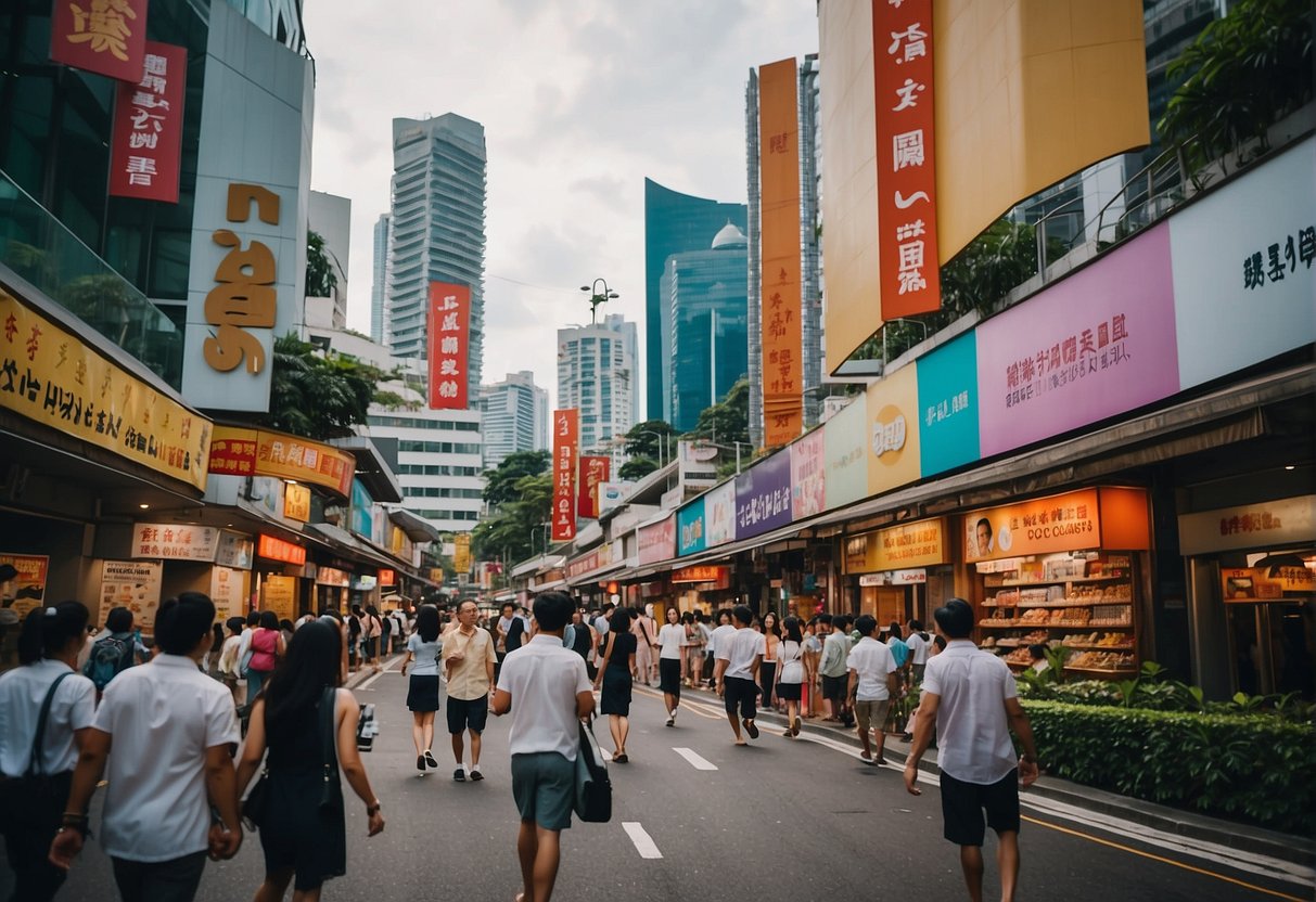 A bustling city street with colorful signs advertising travel and local getaway deals in Singapore. The scene is filled with excitement and anticipation for new adventures