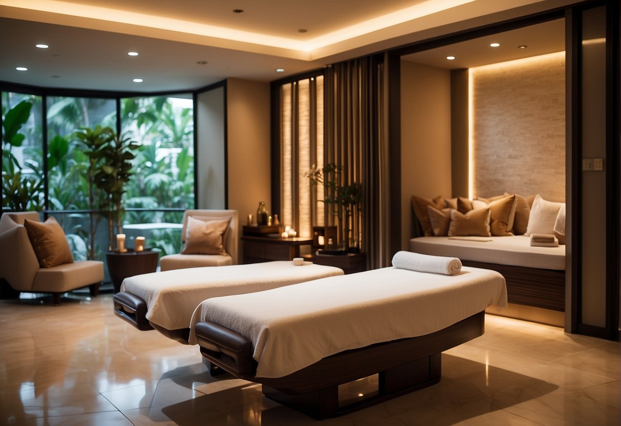 A serene spa room with soft lighting and relaxing music, showcasing Mother's Day Special promotions with massage packages and pampering offers in Singapore