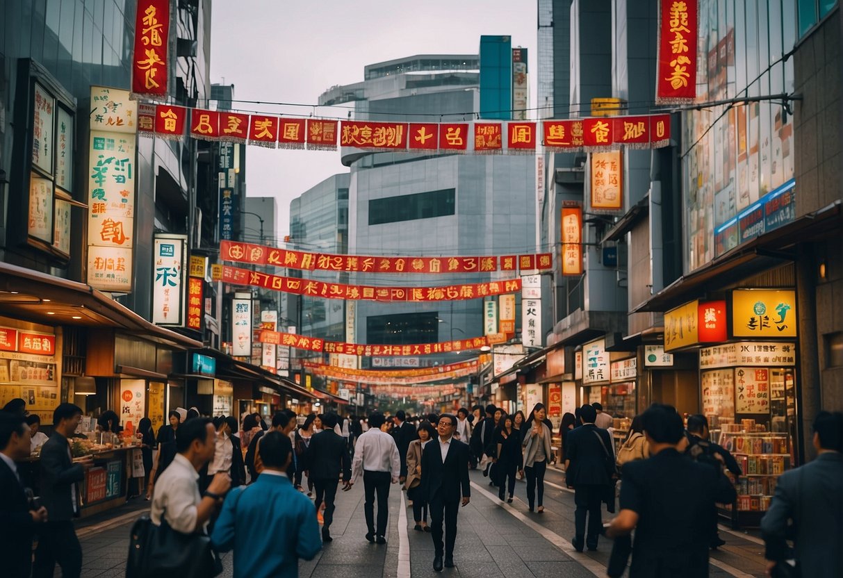 A bustling street in Yokohama, Japan, adorned with colorful banners and signs promoting the latest deals and events at Booking Essentials. The cityscape is alive with energy and excitement