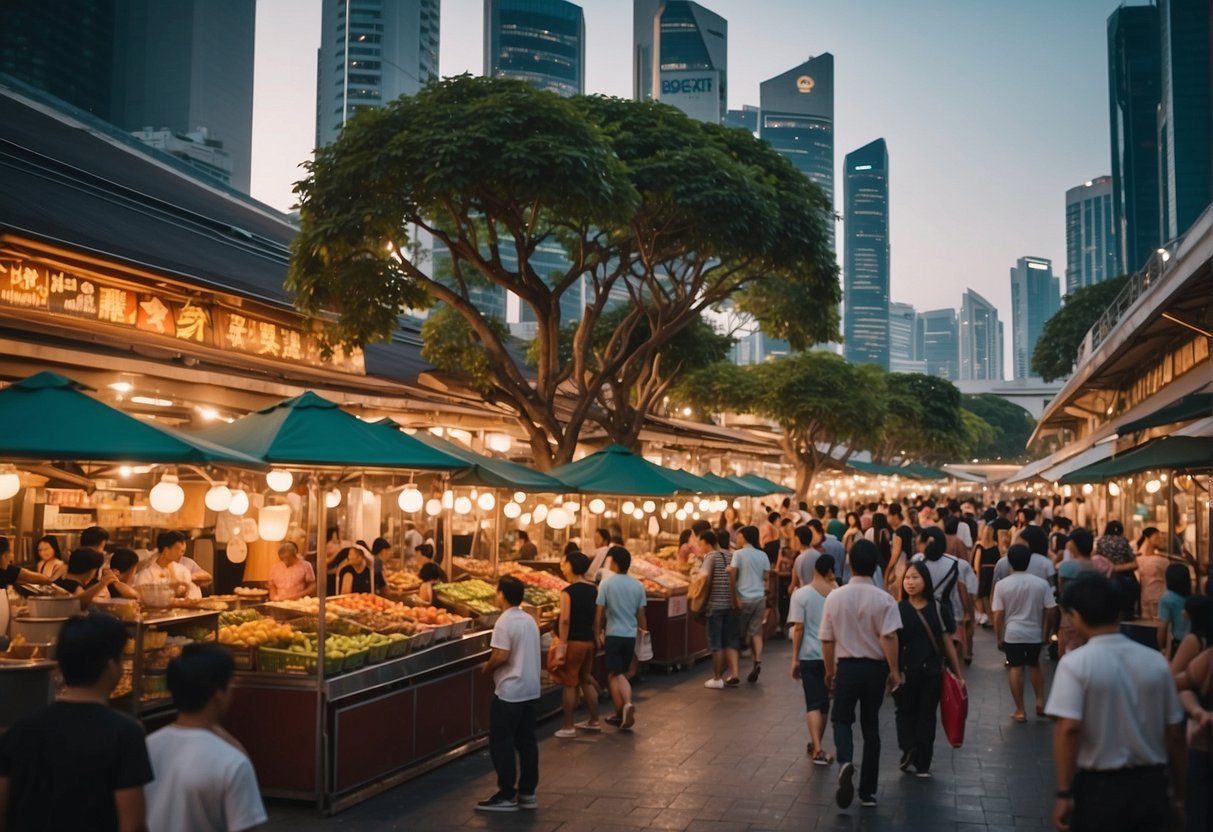 A bustling cityscape with iconic Singapore landmarks in the background, vibrant street markets, and people enjoying local cuisine and entertainment
