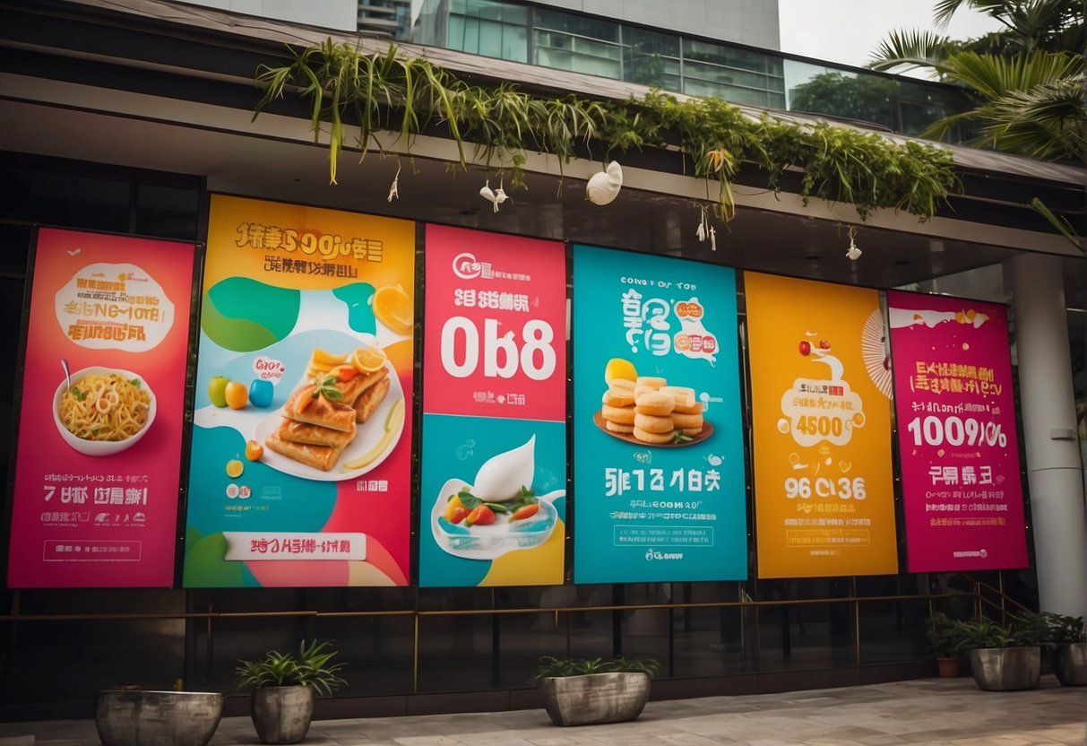 Colorful banners and signs promoting Happycall in Singapore, with smiling faces and enticing discounts