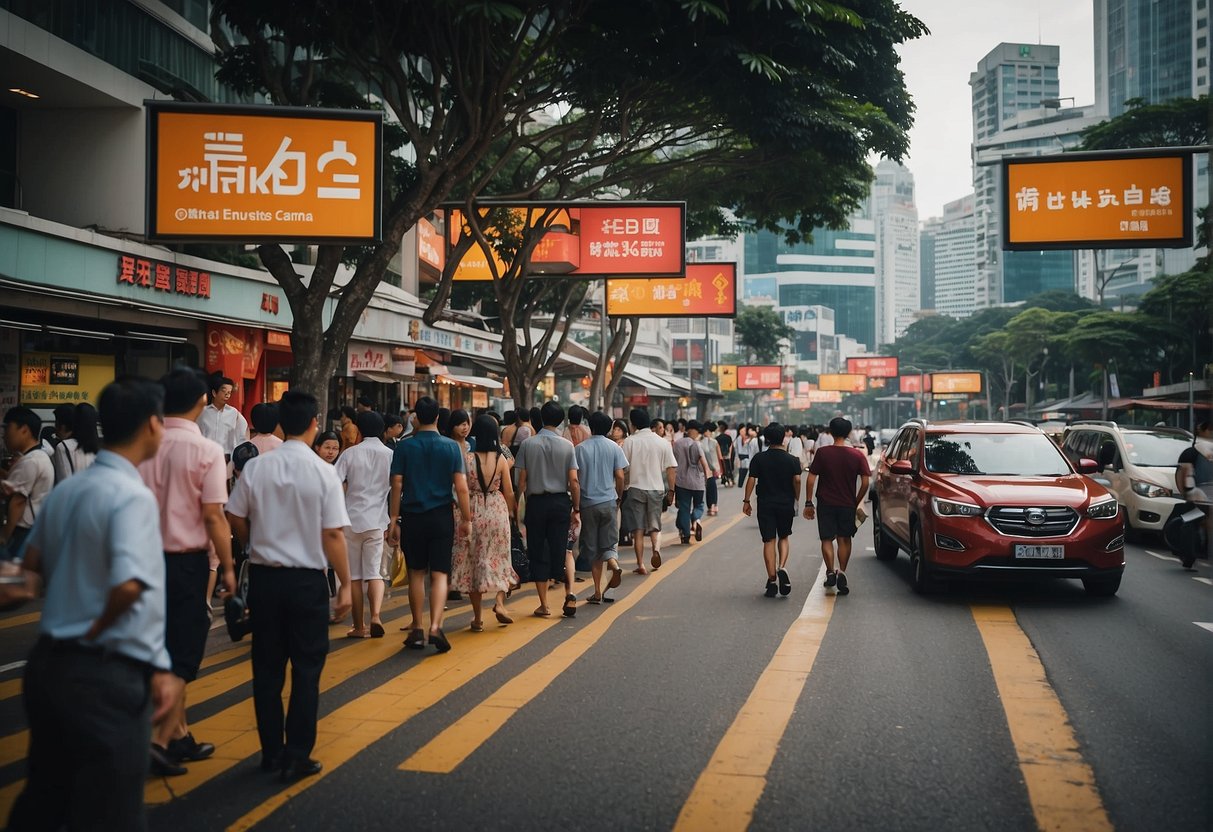 A bustling city street in Singapore, adorned with colorful banners and signs for Hollin Promotions. Pedestrians and vehicles fill the busy thoroughfare