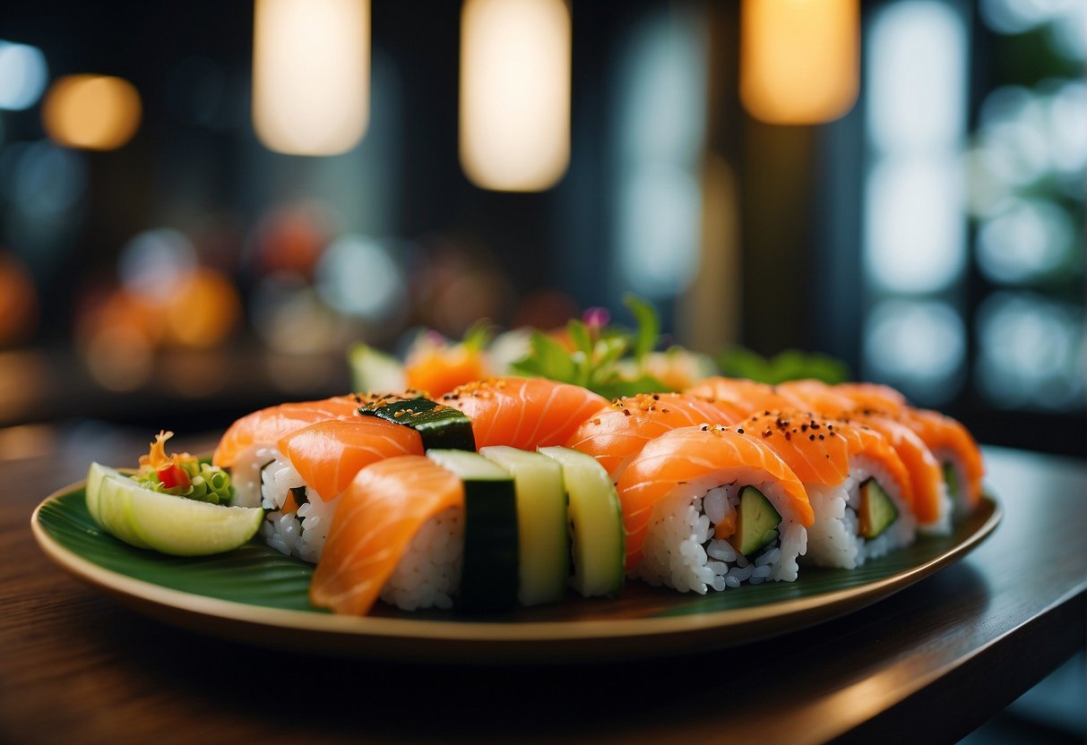 A vibrant sushi restaurant in Singapore with colorful promotions displayed outside