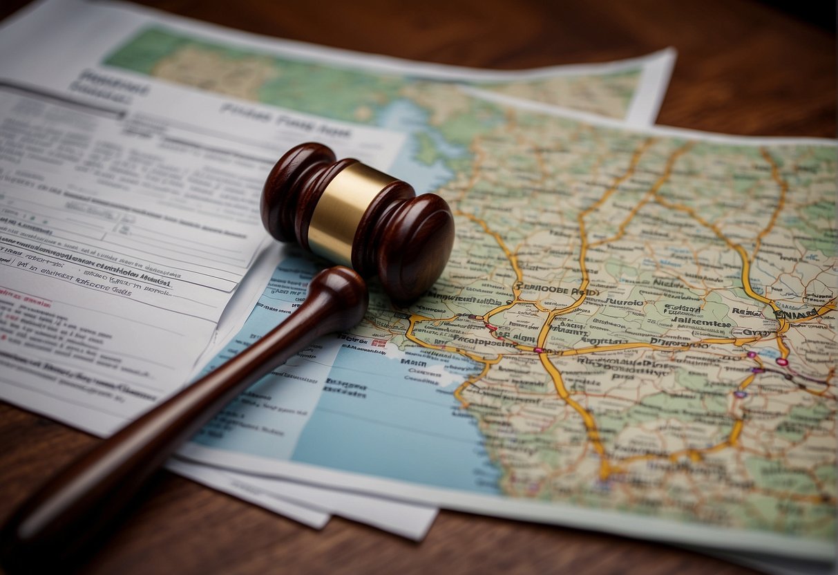 A stack of papers with "Frequently Asked Questions" on top, a judge's gavel, and a map of Singapore