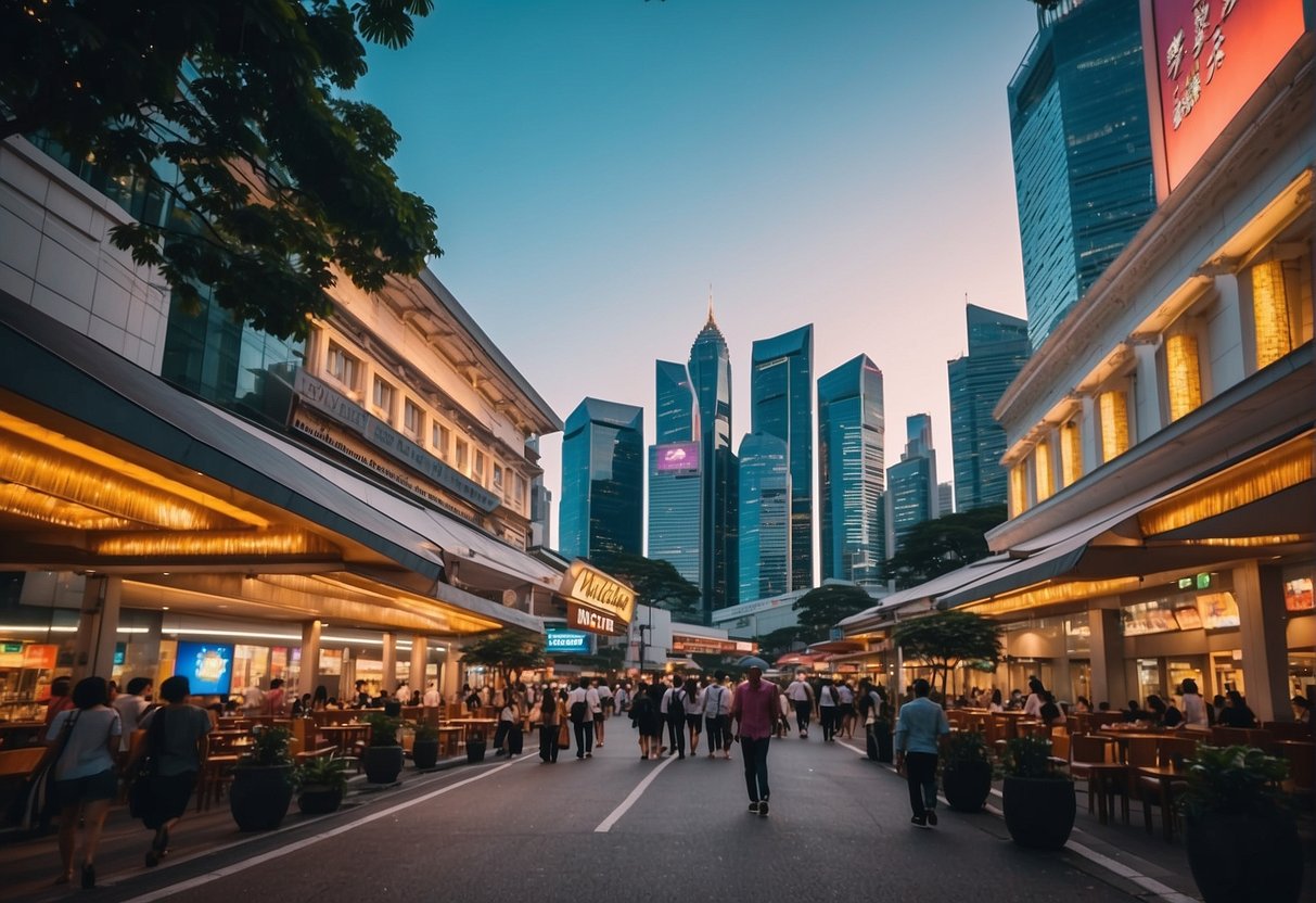 Vibrant cityscape with iconic Singapore landmarks, bustling streets, and colorful signage for Matilda Promotions