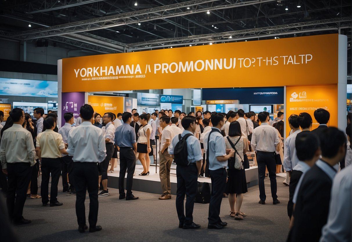 A crowded event booth with people lining up to ask questions about Yokohama promotions in Singapore. Bright banners and promotional materials displayed prominently