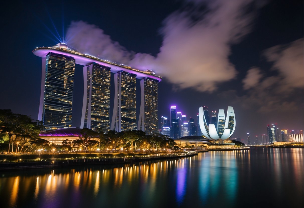 A vibrant cityscape with iconic landmarks and illuminated skyscrapers, showcasing the excitement and energy of Singapore. Bright lights and dynamic colors capture the allure of the latest Trip.com promotions