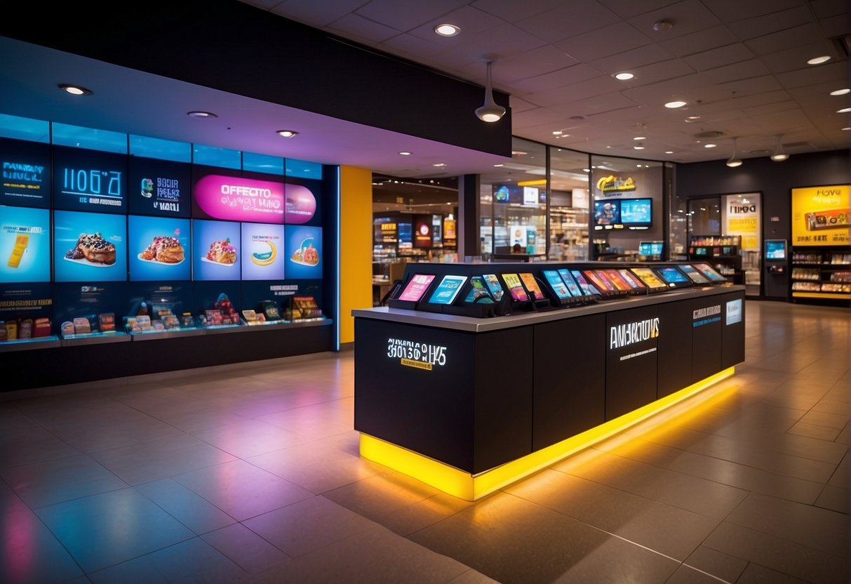 Vibrant colors and bold text fill the promotional display, enticing customers with special offers and discounts. Bright lights and eye-catching graphics draw attention to the exciting promotions on offer