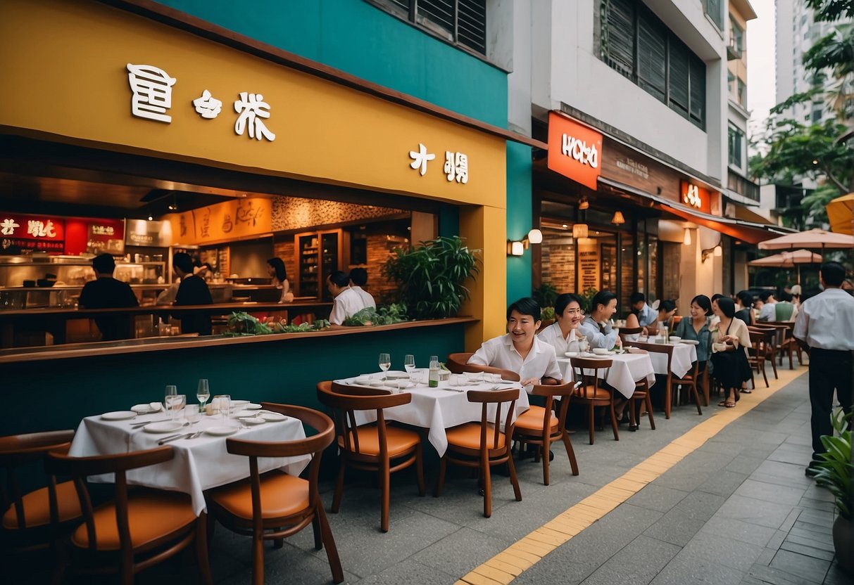 A vibrant restaurant scene with colorful signage and bustling activity, showcasing the latest dining promotions at Hachi in Singapore