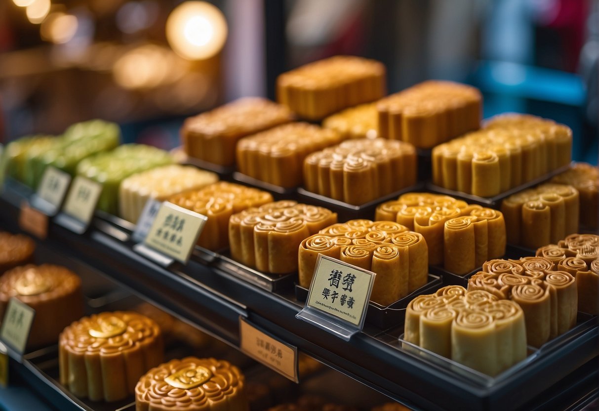 A display of mooncakes with promotional signs in a Singaporean market