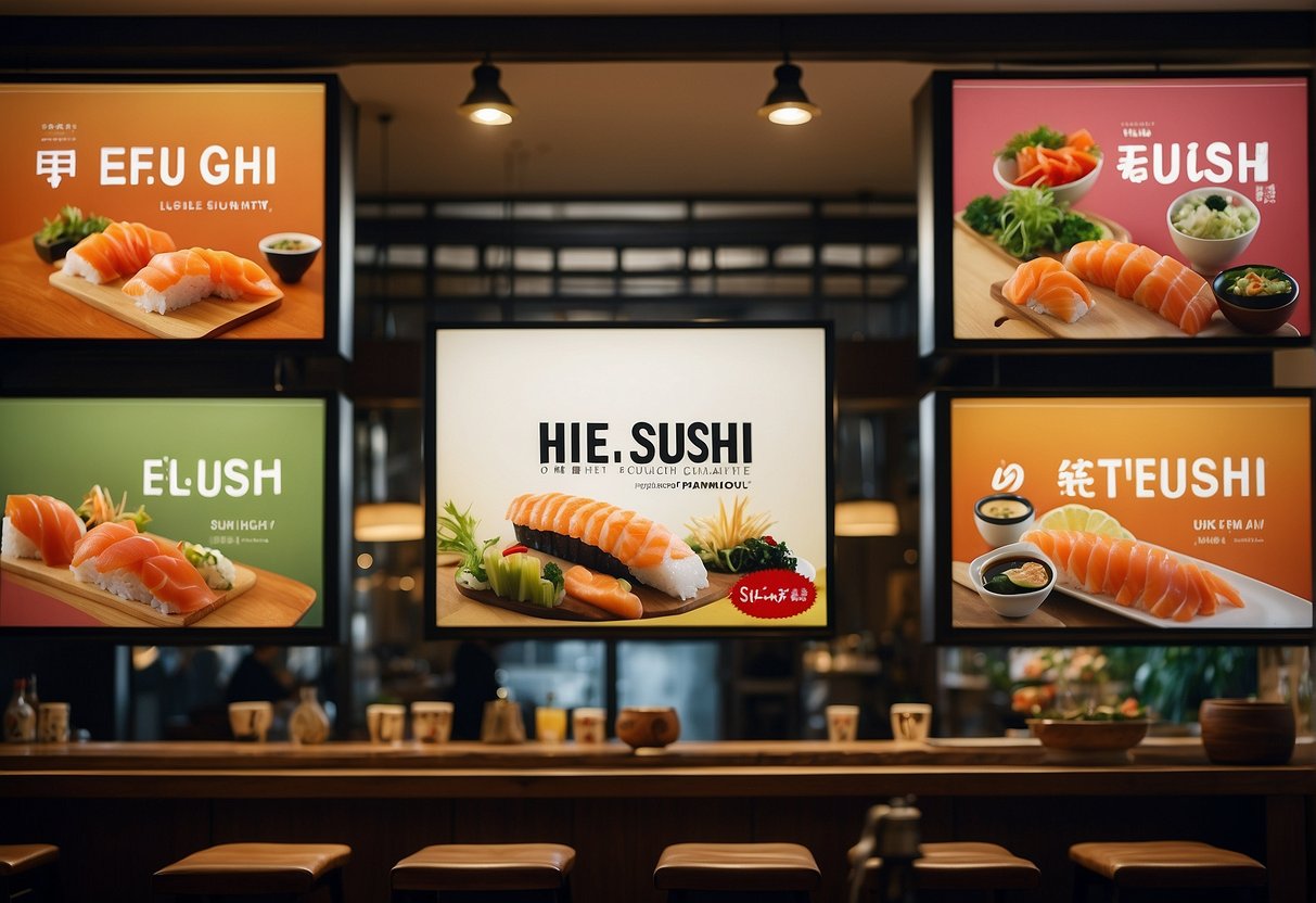 A colorful banner displays "Current Promotions" at a Japanese restaurant, featuring the logo of "Hei Sushi" and enticing offers in Singapore