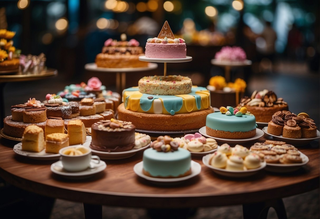 A table adorned with a variety of international cakes, surrounded by colorful decorations and promotional materials for Matilda in Singapore