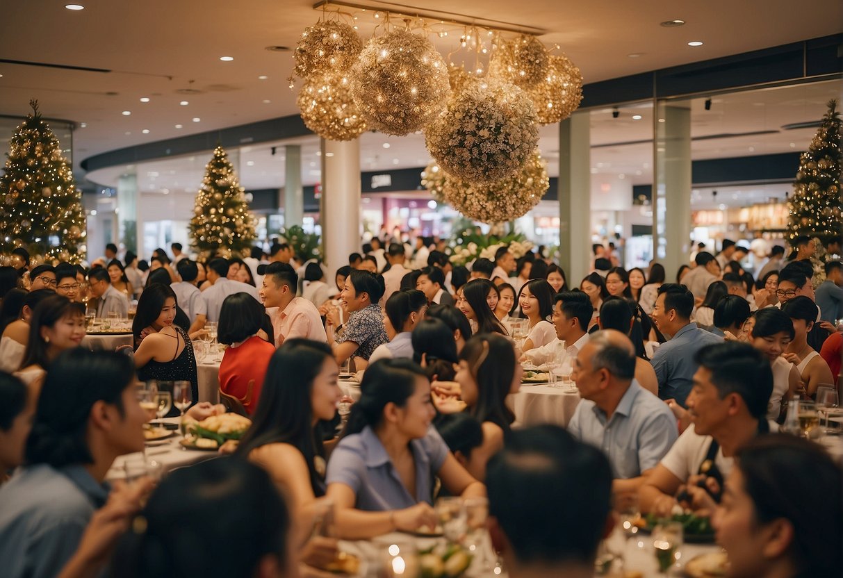 Shoppers enjoying festive dinner promotions in Singapore, surrounded by holiday decorations and cheerful music