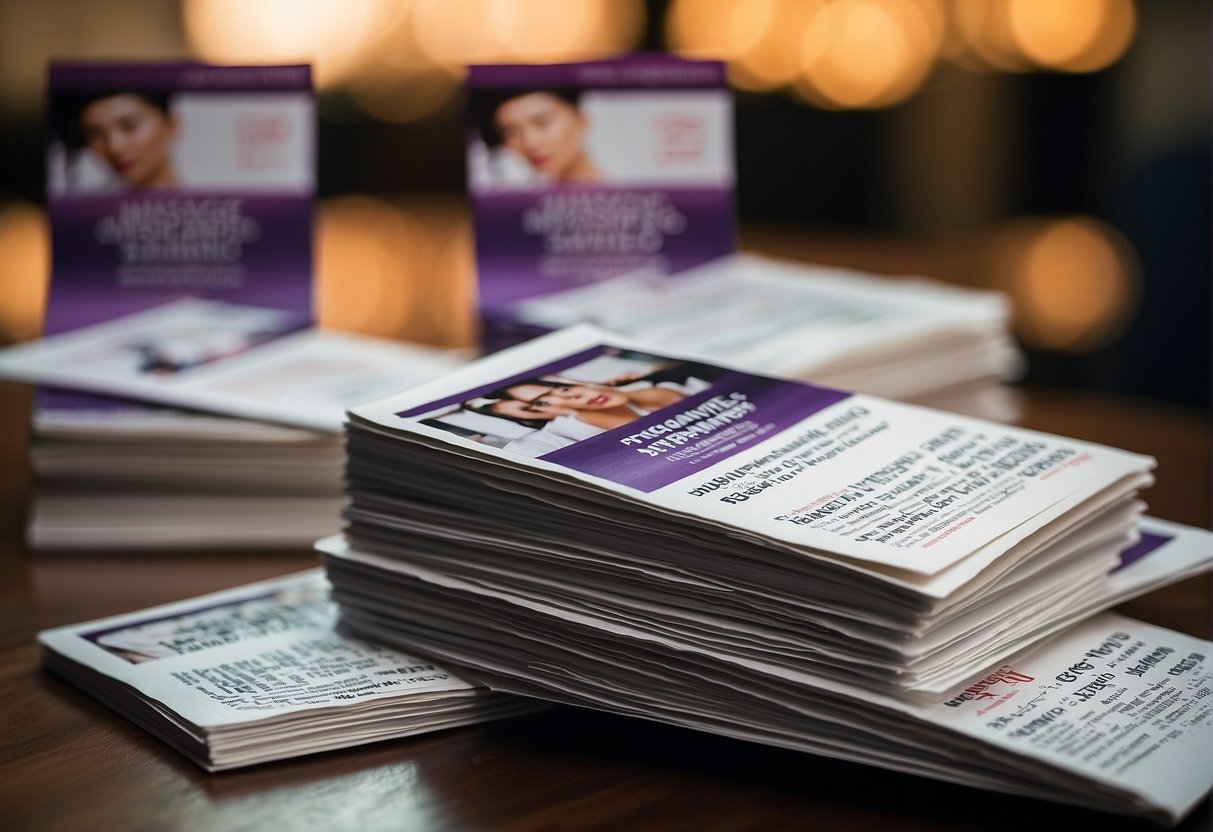 A stack of promotional flyers for massage services in Singapore, with the words "Frequently Asked Questions" prominently displayed