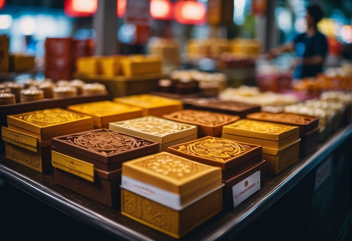 A table displays various mooncake boxes with promotional signage in a bustling Singaporean market
