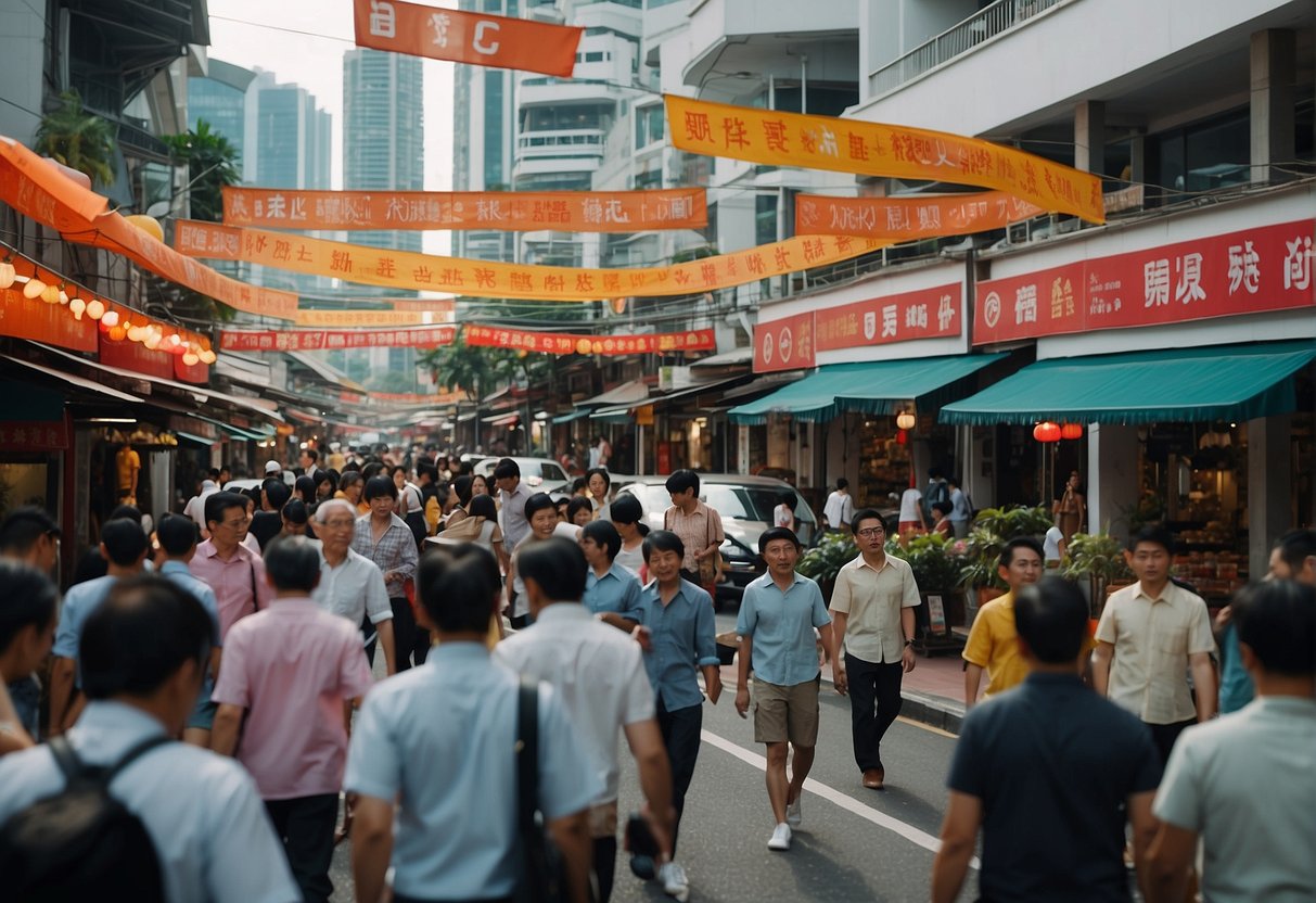 A bustling Singapore street with colorful banners promoting ICBC, surrounded by busy shops and people