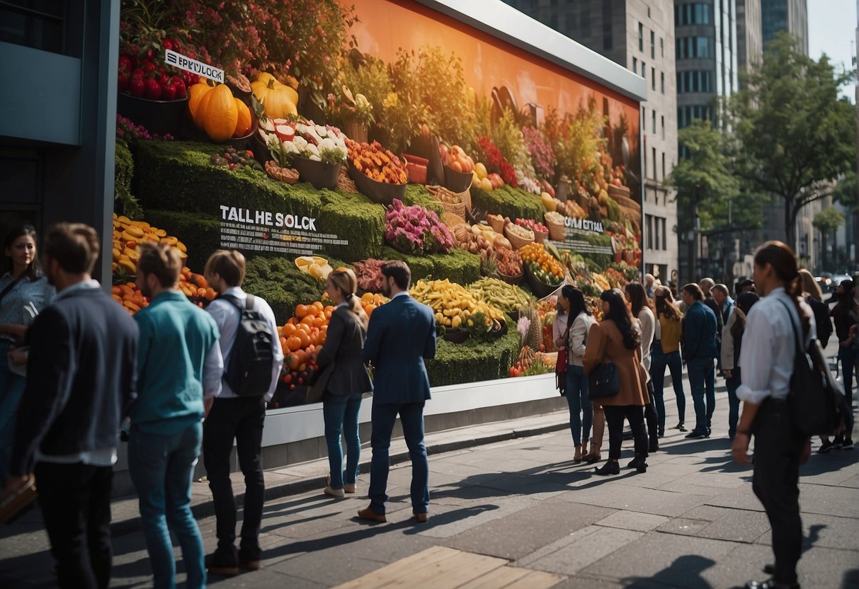 A colorful tea event poster displayed on a bustling city street, with people stopping to admire it