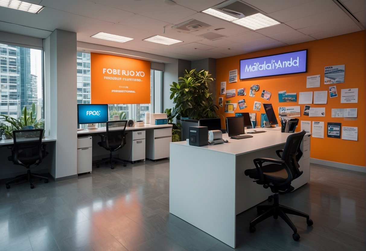 A bright, modern office setting with a prominent "Frequently Asked Questions" sign and promotional materials for Matilda in Singapore