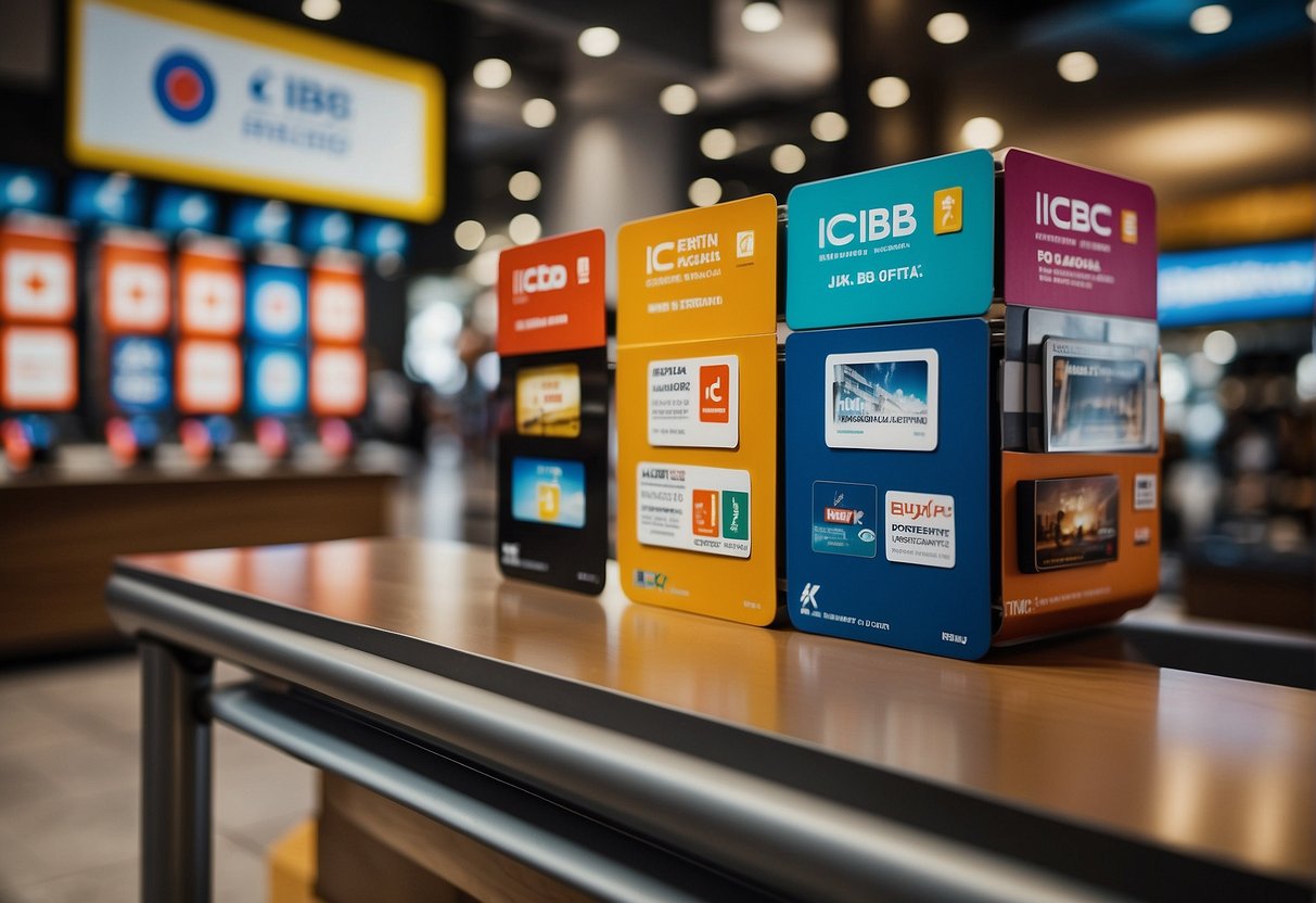 A colorful display of promotional cards with ICBC branding in a bustling Singapore retail setting