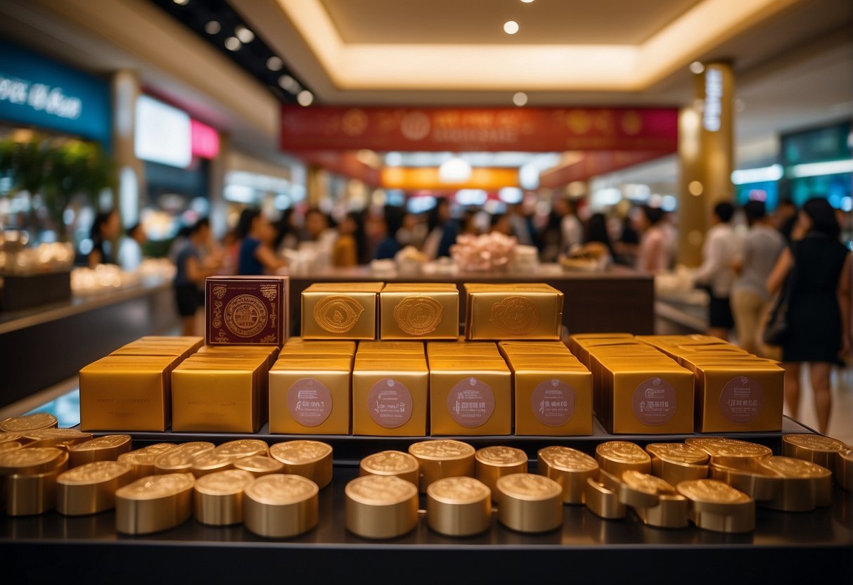 A table filled with various mooncake packages, surrounded by exclusive credit card deal banners in a bustling Singapore mall