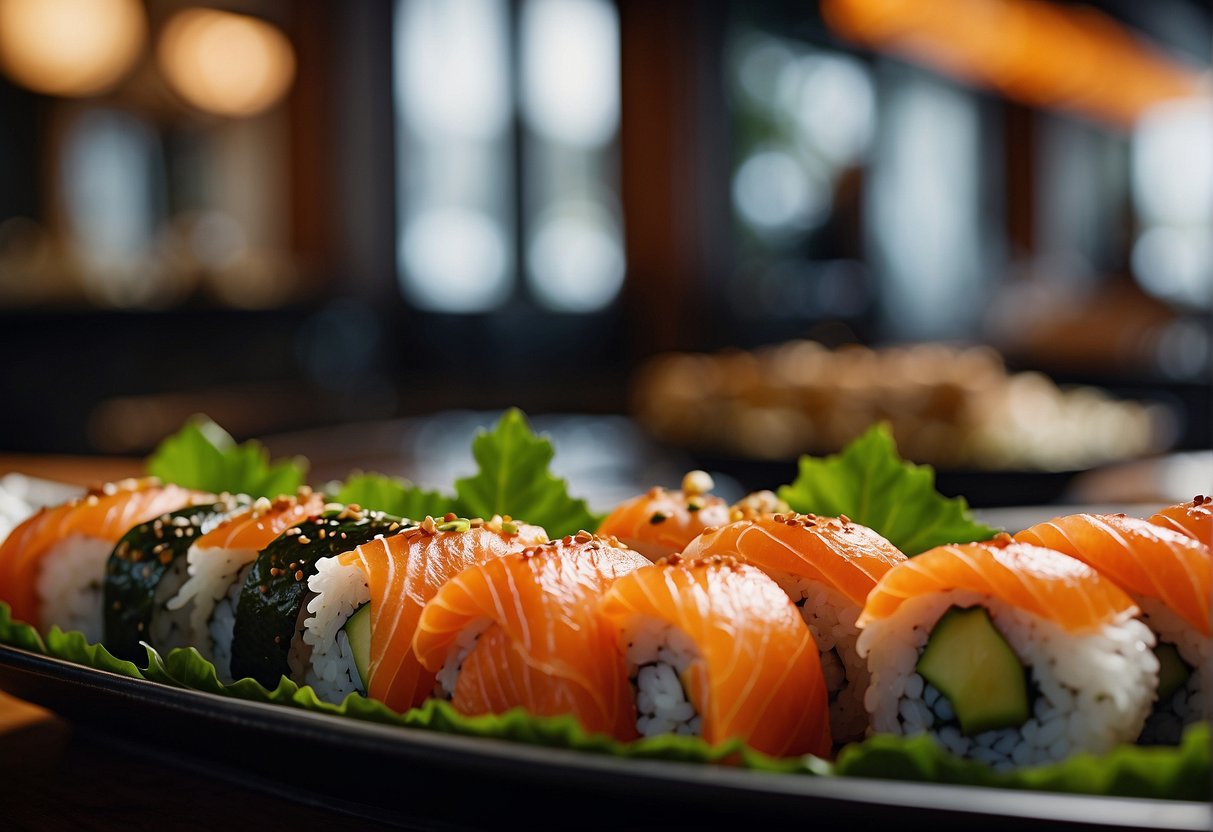 A bustling sushi restaurant with colorful promotions displayed on the walls and tables. Customers eagerly ask about the specials while staff members work efficiently to serve them