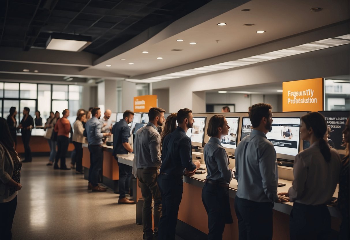 A bustling office with people lining up at a promotional booth, with signage displaying "Frequently Asked Questions" at the forefront