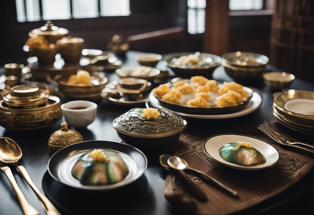 A table adorned with Chinese abalone, surrounded by traditional Chinese decor and serving utensils