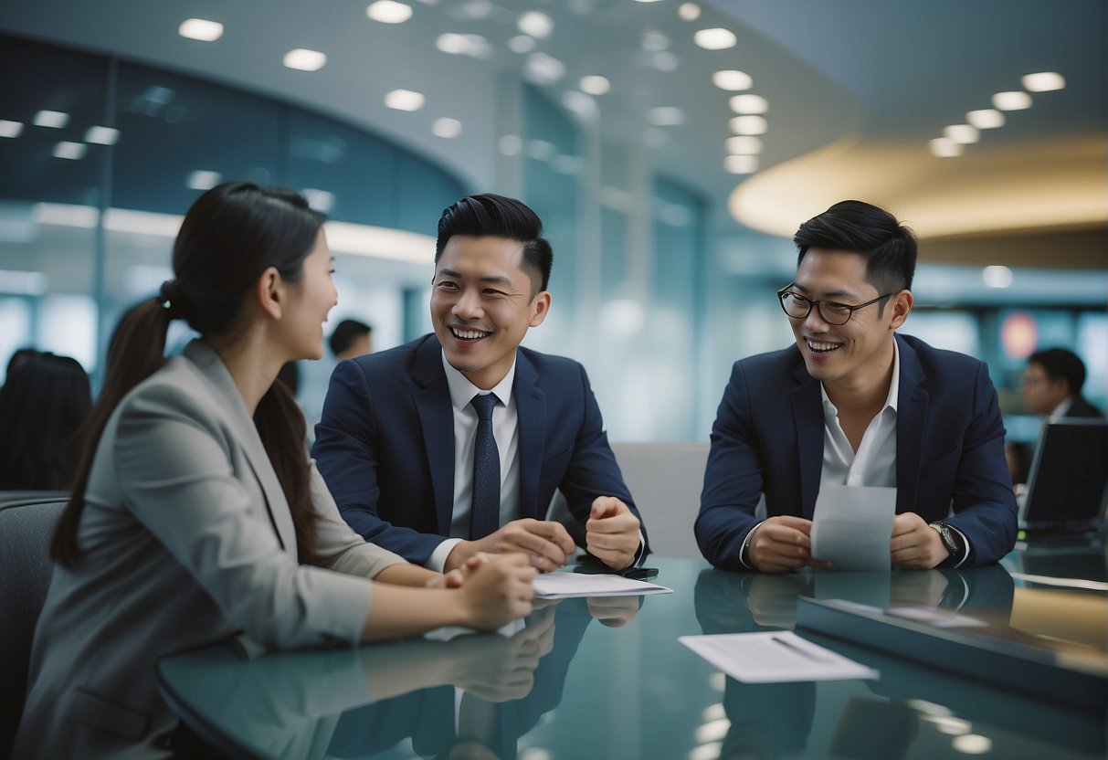 A group of people in a bank, excitedly discussing investment product deals and promotions offered by ICBC in Singapore