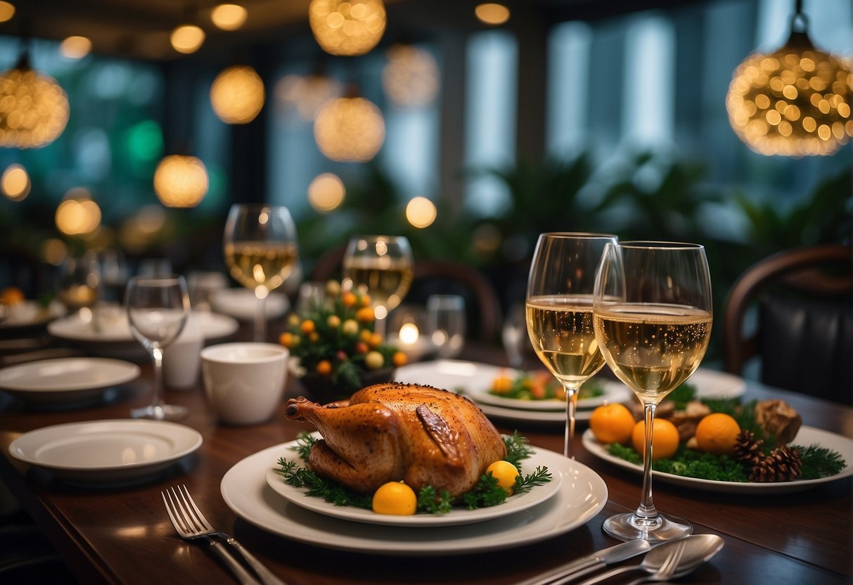 A festive Christmas dinner table with elegant decorations and a variety of promotional dishes in a cozy restaurant setting in Singapore