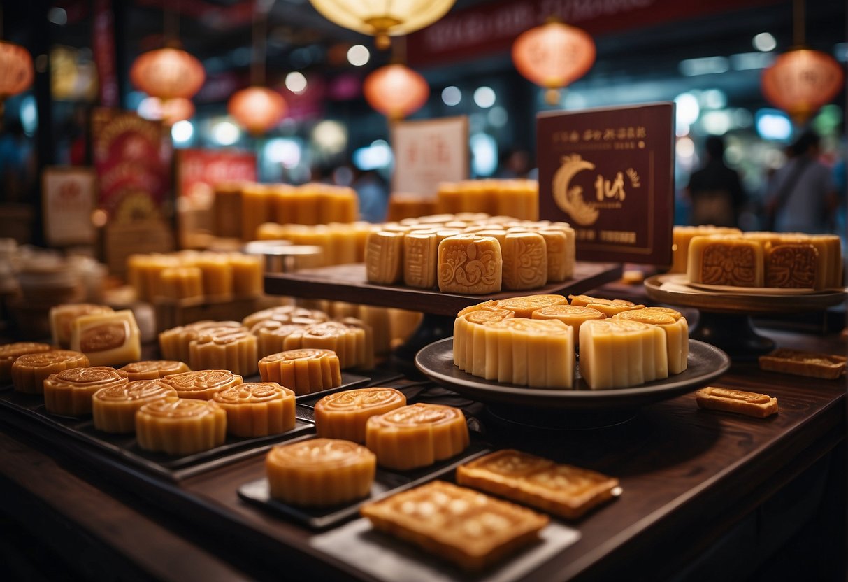 A table filled with various mooncake flavors, surrounded by promotional banners and signs, with customers lining up to inquire about the promotions
