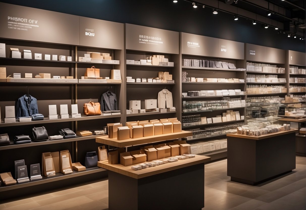 A display of current promotions at a Muji store in Singapore. Bright signage and neatly arranged products with promotional tags