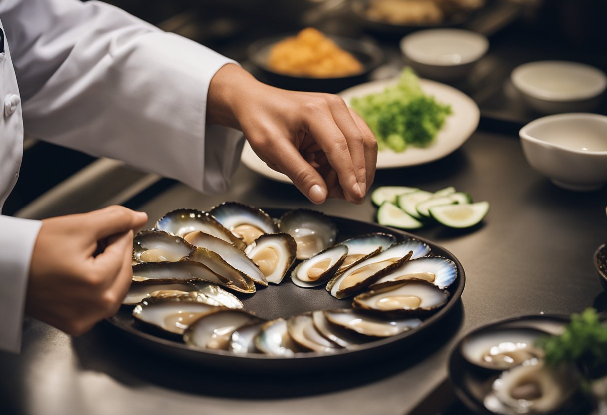 A chef carefully slices fresh Chinese abalone, revealing its tender texture and delicate flavor. The iridescent shell glistens in the soft light, showcasing the prized delicacy