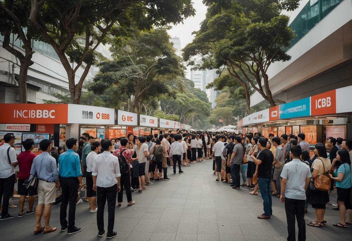 A crowded street with people lining up at a promotional booth, with banners and signs advertising ICBC promotions in Singapore