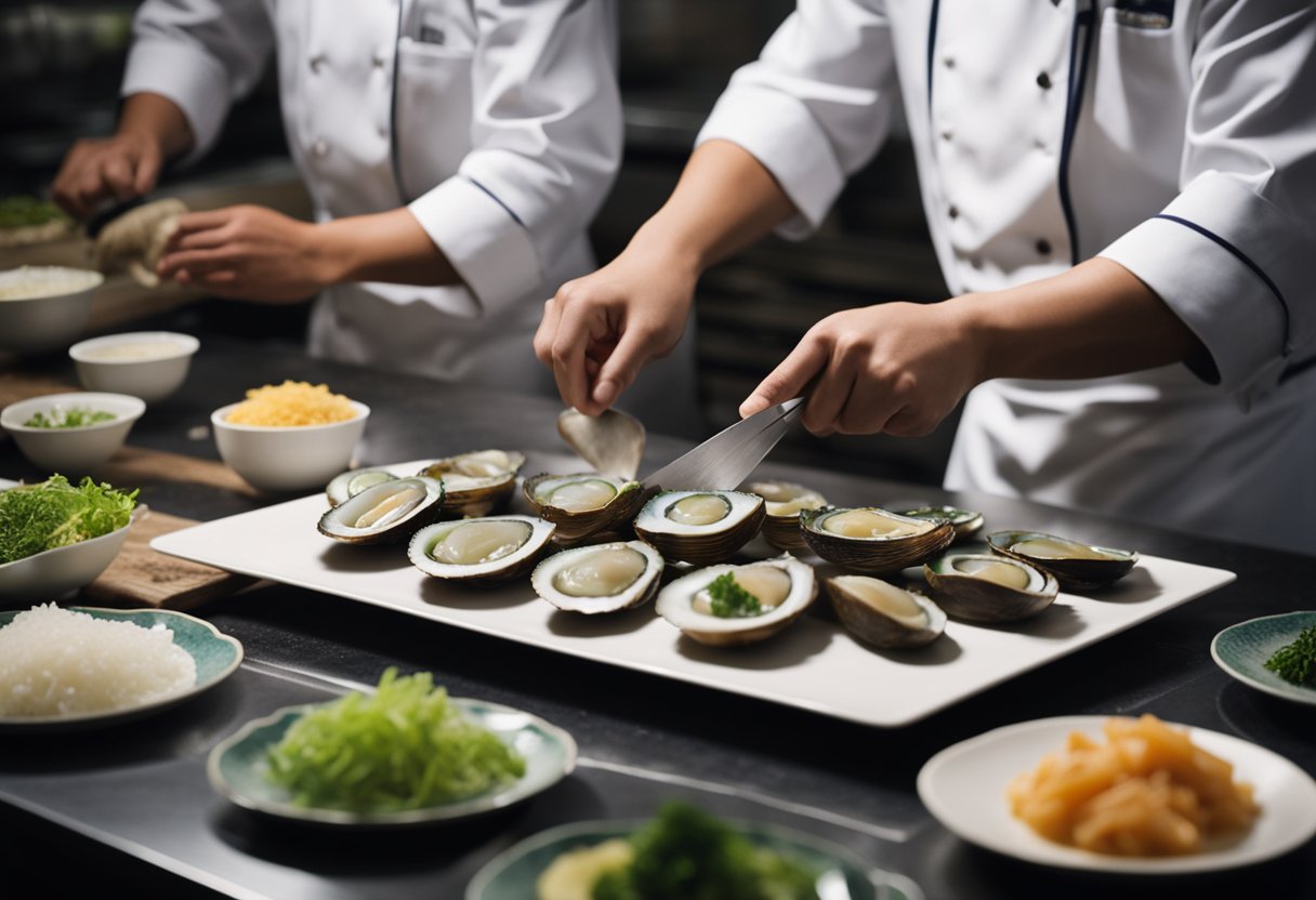 A chef carefully cleans and slices fresh Chinese abalone, then follows a traditional recipe, adding aromatic herbs and spices