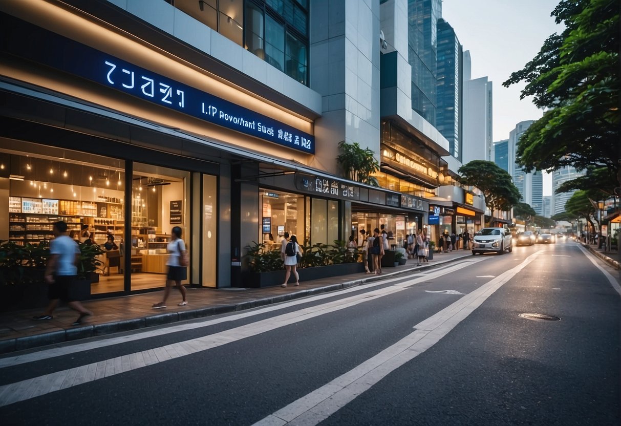 A bustling city street with a prominent storefront displaying Zeiss lens promotions in Singapore. Bright lights and vibrant colors draw in passersby