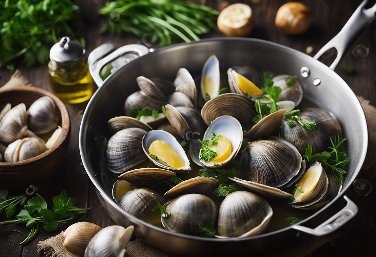 A table set with fresh clams, herbs, and cooking utensils. A pot steaming with clam broth. A chef's knife slicing garlic