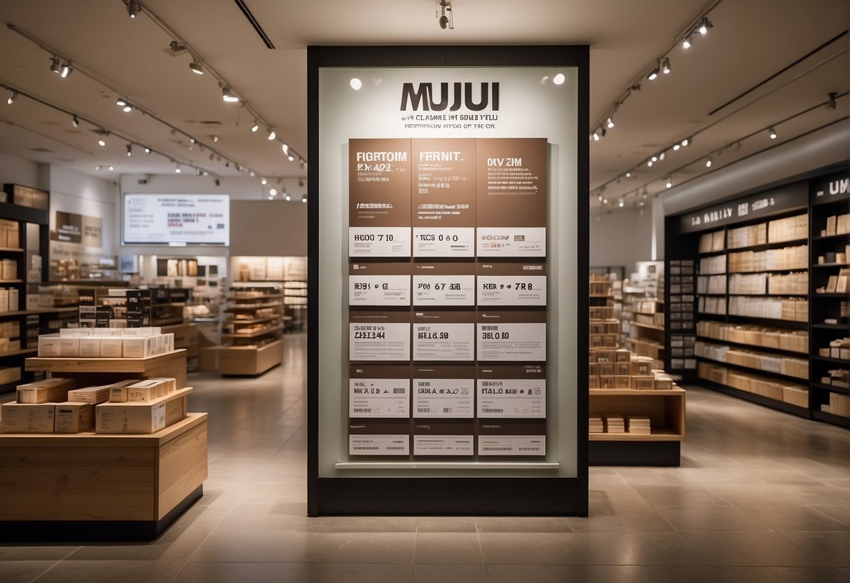 A display of Muji promotion signs and redemption guidelines in a Singapore store