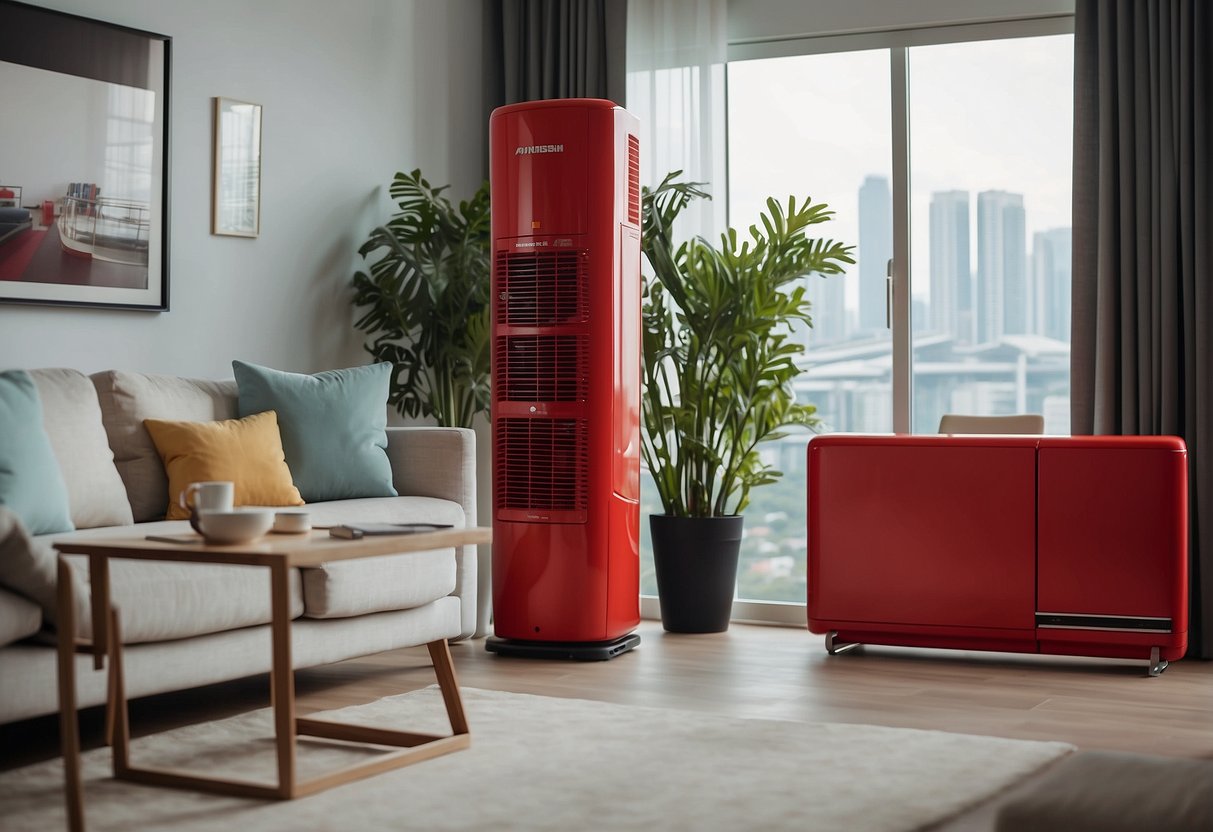 A bright red Mitsubishi air conditioning unit stands prominently in a modern Singaporean living room, surrounded by promotional signage and banners