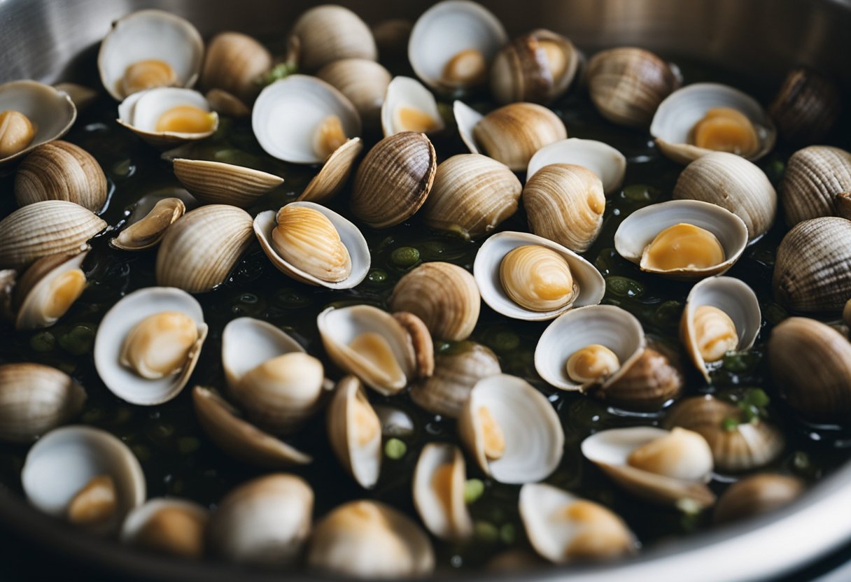 Clams being washed, scrubbed, and prepared for cooking in a kitchen sink
