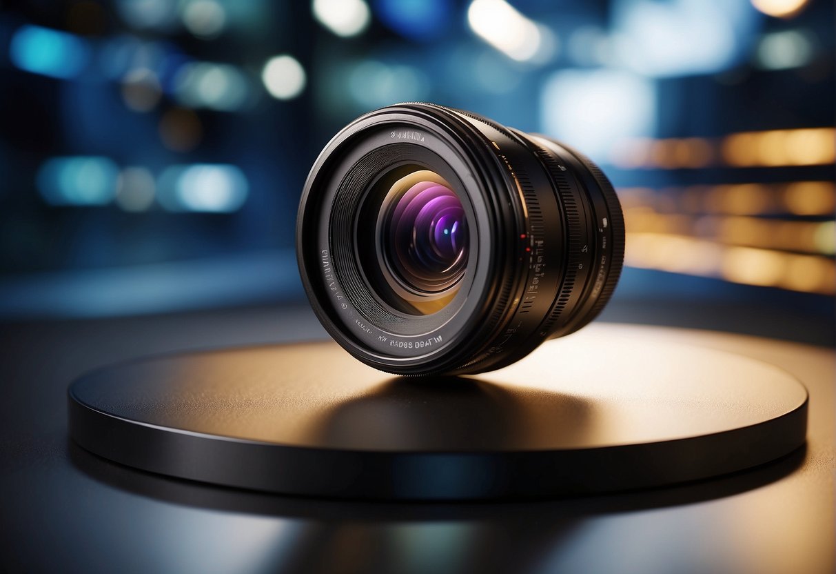 A sleek, modern lens with advanced technology, surrounded by futuristic elements and vibrant colors, showcasing its cutting-edge features